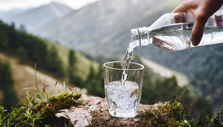 An individual is shown pouring water from a bottle into a clear glass, with the expansive view of a mountain in the background. The person stands atop the rocky summit, symbolizing the act of hydration in a natural setting.の素材
