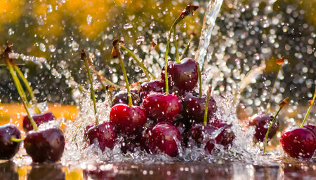 A multitude of cherries falling and creating splashes in a cascading waterfall, creating a vibrant and dynamic scene of nature in motion.の素材
