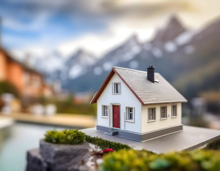 Miniature house is a symbol of mortgage and home ownership. Blurred background.の素材