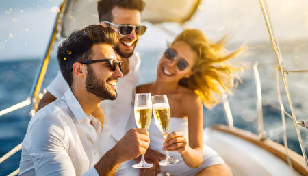 A cheerful group of friends is seen relaxing on a luxurious boat, enjoying glasses of champagne in the afternoon sun. Laughter and chatter fill the air as they soak up the scenic views of the sparkling water.の素材