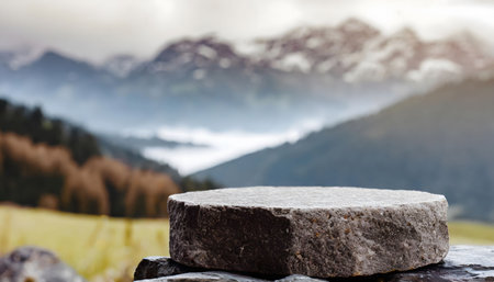 A solitary rock precariously perched atop a mound of rocks, creating a striking contrast against the rugged background. The scene evokes a sense of balance, strength, and resilience in nature.の素材