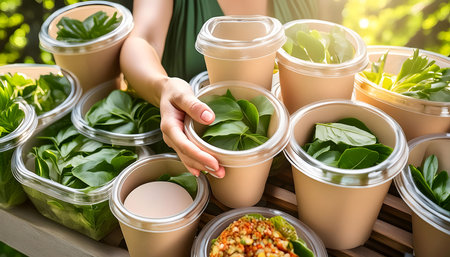 A close-up image of compostable food packaging being used for takeout meals. The image emphasizes the importance of reducing plastic waste and promoting sustainable alternatives in the food industry.の素材