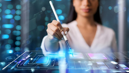 A woman is holding a marker in her hand and pointing at it. She appears focused and engaged in the action, possibly explaining or emphasizing something.の素材