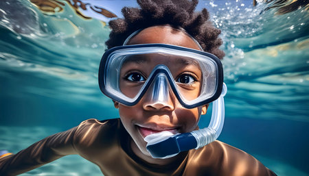 An African American boy is shown wearing a diving mask and goggles as he swims underwater. The boy appears focused and confident as he explores the aquatic environment.の素材