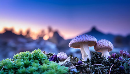Three mushrooms with purple spots grow on the forest floor. The mushrooms are in the foreground of the image. The background is blurred and shows a fantasy landscape with mountains and a purple sky. The setting appears to be dusk.の素材