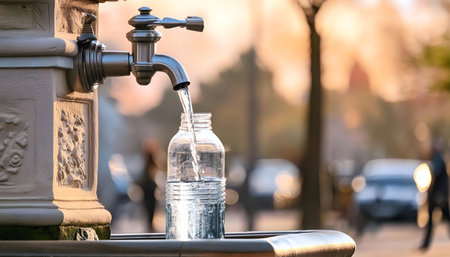 A reusable water bottle is being filled with water from a faucet at a public fountain. The clear liquid flows steadily into the bottle as it sits under the running water.の素材