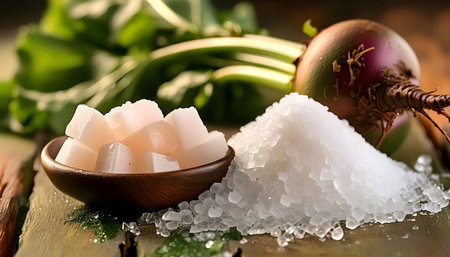 A close-up image showing the natural sugar beet root, along with its refined sugar crystals, in a wooden bowl and scattered on a rustic wooden table. The image highlights the process from raw ingredient to refined product.の素材