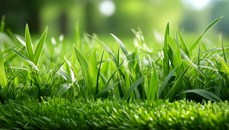 Close-up view of a lush grass field in the background. The focus is on the vibrant green grass texture providing a natural backdrop.の素材