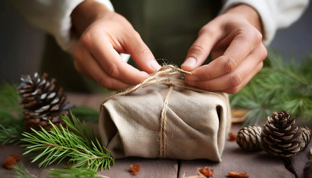 A woman is wrapping a present with twine, carefully securing it in place. Her hands deftly maneuver the string around the gift, creating a neat and tidy package.の素材