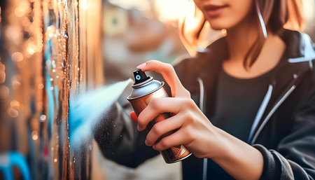 A woman is spray painting graffiti on a wall outside in the afternoon. She is holding a can of spray paint in her right hand and is aiming the nozzle at the wall. The woman is wearing a black jacket and a black shirt, and she has her hair pulled back. The background of the image is blurred, but you can see that the woman is in an urban setting.の素材