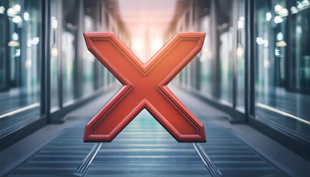 A glossy red X sign placed on a sleek black surface, creating a sharp contrast. The sign reflects light, drawing attention to its bold color and shape.の素材