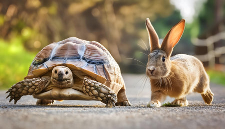 A tortoise and a hare compete in a race on a sunny path. The tortoise, with its shell and strong legs, is moving forward, while the hare looks on with a determined expression. The race is a classic tale of perseverance and slow and steady wins the race.の素材