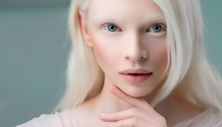 This image is a close-up portrait of a young woman with albinism. She has long, flowing blonde hair and striking blue eyes. Her skin is pale and her eyebrows are white. Her expression is serious and her hand rests gently on her chin. The background is a soft, muted blue.の素材