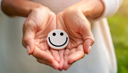 Two hands gently cradle a happy smile face, symbolizing mental health positive thinking and growth mindset. This image represents the journey of mental health care recovery leading to happiness and emotional well being.の素材