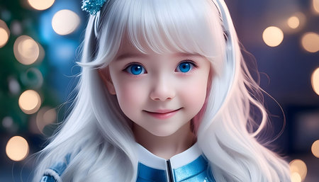 A young girl with long blonde hair, bright blue eyes, and a cute, innocent smile stands in front of a backdrop of out-of-focus lights. The girl is dressed in a blue jacket with a zipper up to her neck.の素材