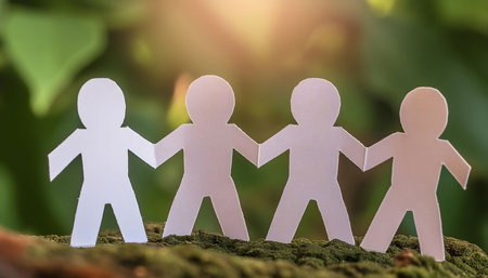 Four paper people stand in a row, holding hands and facing forward. The paper people are white, and they are standing on a patch of green moss in a forest. The background is a blurred image of green trees and sunlight. The image symbolizes togetherness and unity.の素材
