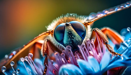 This image shows a close-up view of a fly resting on a blue flower with dew drops on the petals. The flies large, iridescent eyes and hairy legs are visible, as well as the delicate details of the flowers structure. The soft focus background highlights the sharp details of the fly and flower.の素材