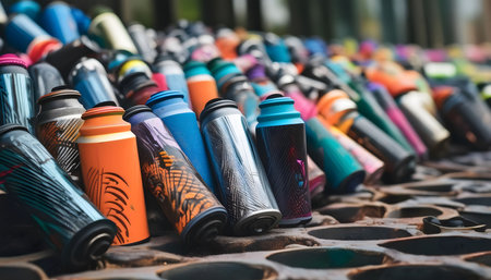 An assortment of empty spray paint cans rests on a worn metal surface, likely after a graffiti session. The cans are brightly colored, each with unique designs and patterns. The image captures the remnants of creative expression and artistic endeavors.の素材