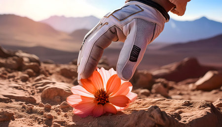 A pair of white gloves placed delicately on top of a vibrant flower, creating a striking contrast in colors and textures. The astronauts hand gently interacts with the delicate petals.の素材