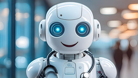 A white robot doctor with blue glowing eyes and a smiling face is wearing a black stethoscope. It appears to be standing in a hospital setting with blurred people and windows in the background.の素材