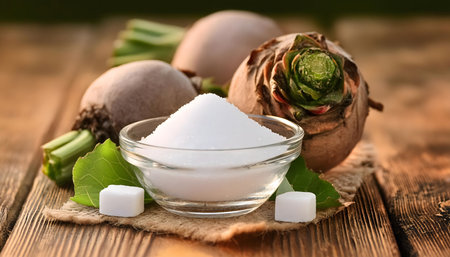 This image shows a bowl of white sugar, with sugar cubes and sugar beet roots nearby, all on a wooden table. The sugar beet roots are brown and have green leaves. The image is likely taken outdoors in a natural setting.の素材