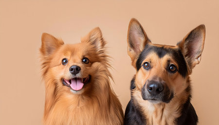 This image shows two dogs looking at the camera in front of a beige background. One is a brown and black dog with floppy ears and the other is a fluffy, orange dog.の素材