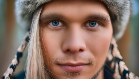 This close-up portrait captures the face of a young man with long, blonde hair, and piercing blue eyes. He is wearing a furry hat and has a faint mustache and beard. The image focuses on his face, emphasizing his features and gaze.の素材