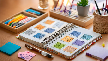 A close-up shot of a creative bullet journaling setup with colorful pens, stickers, and artistic layouts. The image highlights the popular trend of bullet journaling in social media and lifestyle blogging.の素材