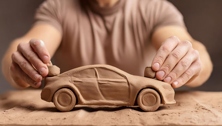 A close-up photo of a mans hand carefully sculpting a clay model of a car. The man is out of focus in the background, but his hand and the detail of the clay car are in sharp focus. The car model is sitting on a brown table, suggesting a studio setting. The man is using a tool to refine the details of the cars body.の素材