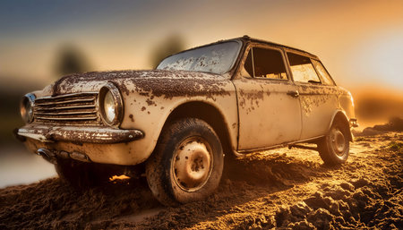A rusty, orange car drives along a muddy path in a forest. The car is covered in dirt and grime, and the sun is setting in the background.の素材