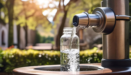A reusable water bottle is being filled with fresh water from a public fountain. The transparent bottle is held under the flowing water, capturing the clear liquid.の素材