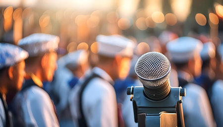 A close-up shot of a microphone positioned on a stand in front of a large crowd, likely at a public event. The individuals in the background are wearing blue uniforms, suggesting a gathering for a ceremony or official occasion. The image captures the anticipation and potential for important words to be spoken.の素材
