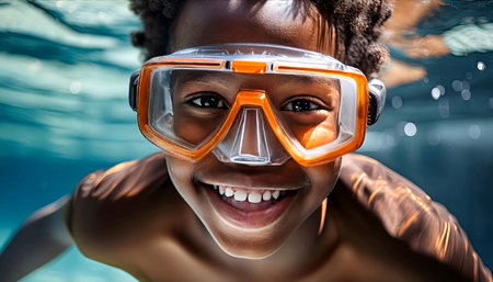 An African American boy is seen swimming underwater while wearing a mask and goggles for protection. He appears focused and engaged as he explores the aquatic environment.の素材