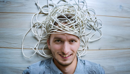 A man is depicted with intricate wires forming the shape of a head around his actual head. The wires are tangled and abstract, creating a unique and unusual visual.の素材