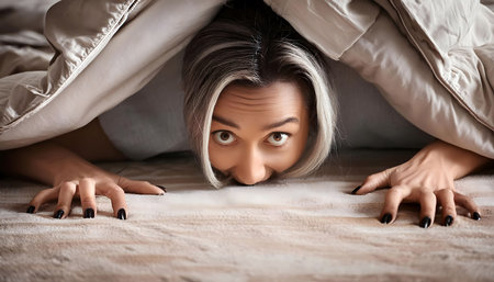 A woman hides under a blanket in a bed, her face contorted in fear. Her eyes are wide open, staring into the darkness, as if she is looking for a monster lurking in the shadows. Her mouth is agape in a silent scream, revealing a glimpse of her teeth. Her hand reaches out from under the blanket, clutching the fabric as if for protection. The scene conveys a palpable sense of anxiety and fear.の素材