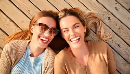 Two women, dressed in casual clothing, are lying on a wooden deck, laughing together. The woman on the left is wearing sunglasses and a blue shirt, while the woman on the right has blonde hair and is wearing a brown sweater. The sun is shining brightly, casting a warm glow on the scene.の素材