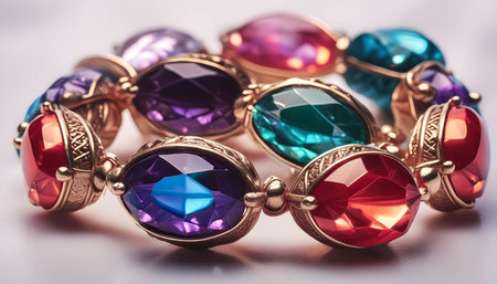 A group of variously hued diamonds arranged in a line, showing a vibrant spectrum of colors including pink, blue, yellow, and green.の素材