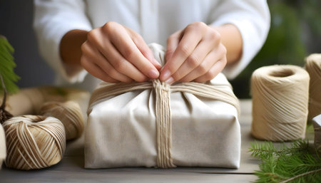 A woman is wrapping a present with twine, carefully securing it in place. Her hands deftly maneuver the string around the gift, creating a neat and tidy package.の素材