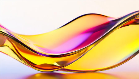 Abstract liquid glass shape with colorful reflections. Ribbon of curved water with glossy color wavy fluid motion. Chromatic dispersion thin film spectral effect.の素材