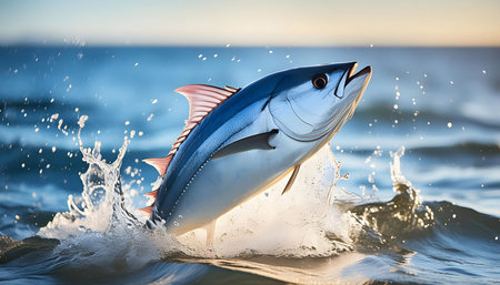 A bluefin tuna fish is leaping out of the water, showcasing an impressive display of strength and agility. The fishs body is sleek and streamlined, propelled by powerful tail movements as it breaches the surface.の素材
