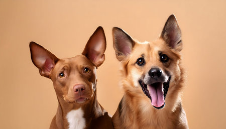 This image shows two dogs looking at the camera in front of a beige background. One is a brown and black dog with floppy ears and the other is a fluffy, orange dog.の素材