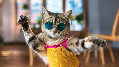 A playful cat wearing vibrant clothes and sunglasses dances with joy, adding a touch of whimsy and fun to any scene. Perfect for adding a splash of color and humor to your projects.の素材