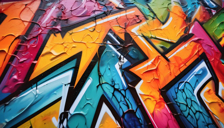 A close-up of vibrant graffiti art on a city wall. The artwork features bold, geometric shapes and contrasting colors, creating a dynamic and visually stimulating composition. The thick paint creates a textured surface, adding depth and dimension to the piece.の素材