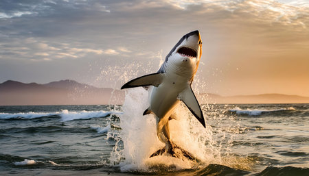 A great white shark is soaring out of the water, displaying its powerful and agile abilities as it breaches the surface with incredible force and speed. Its massive body is outlined against the backdrop of the ocean, showcasing the apex predator in its element.の素材