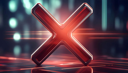 A glossy red X sign placed on a sleek black surface, creating a sharp contrast. The sign reflects light, drawing attention to its bold color and shape.の素材