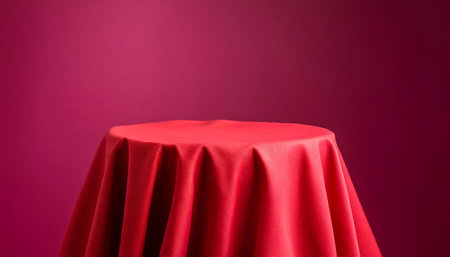 A wooden table covered with a vibrant red cloth, creating a striking contrast against the neutral surface. The cloth drapes elegantly over the table, adding a pop of color to the scene.の素材