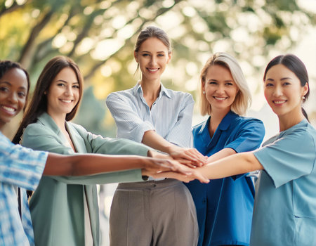 A close-up shot of corporate social responsibility initiatives, showcasing a company team participating in community service activities. The image highlights the trend of businesses engaging in social and environmental responsibility.の素材