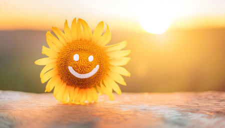A single sunflower with a painted smiley face sits on a rock, basking in the warm glow of a setting sun. The background features a hazy sky, showcasing a brilliant golden hue. The image captures a sense of joy and optimism, reminiscent of a carefree summer evening.の素材