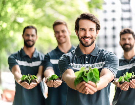 A close-up shot of corporate social responsibility initiatives, showcasing a company team participating in community service activities. The image highlights the trend of businesses engaging in social and environmental responsibility.の素材