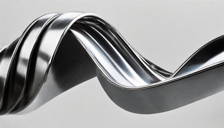 Abstract fluid metal bent form. Metallic shiny curved wave. Design element steel texture effect.の素材
